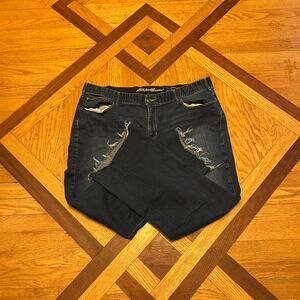 (XL) Eddie Bauer Curvy Bootcut Jeans with Distressed Cuffs
